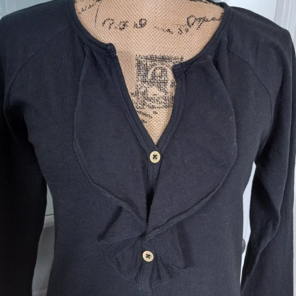 Lilla P Black Pima Cotton Long Sleeve Tee V Neck Ruffle Size S Made in Peru - Picture 7 of 12